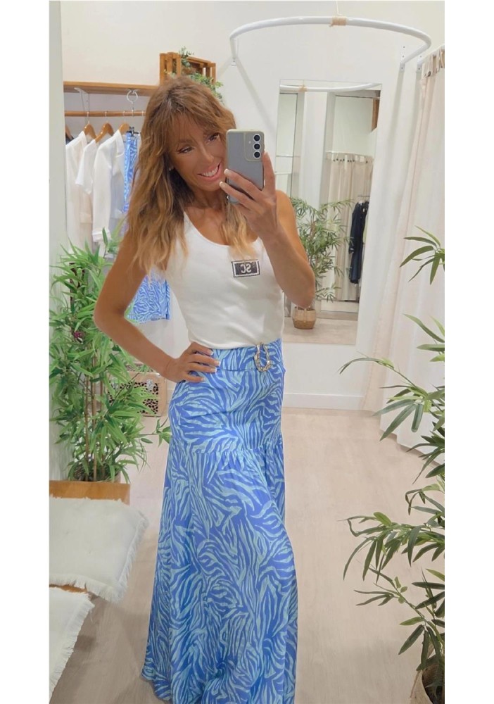 FALDA LARGA ESTAMPADA CON APLICACION METALIZADA