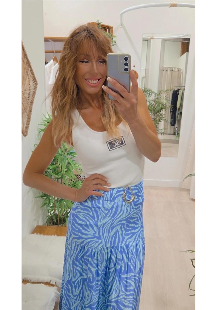 FALDA LARGA ESTAMPADA CON APLICACION METALIZADA