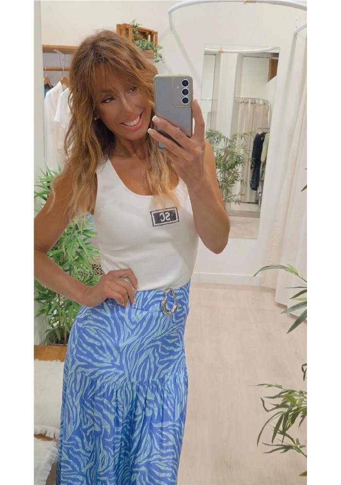 FALDA LARGA ESTAMPADA CON APLICACION METALIZADA